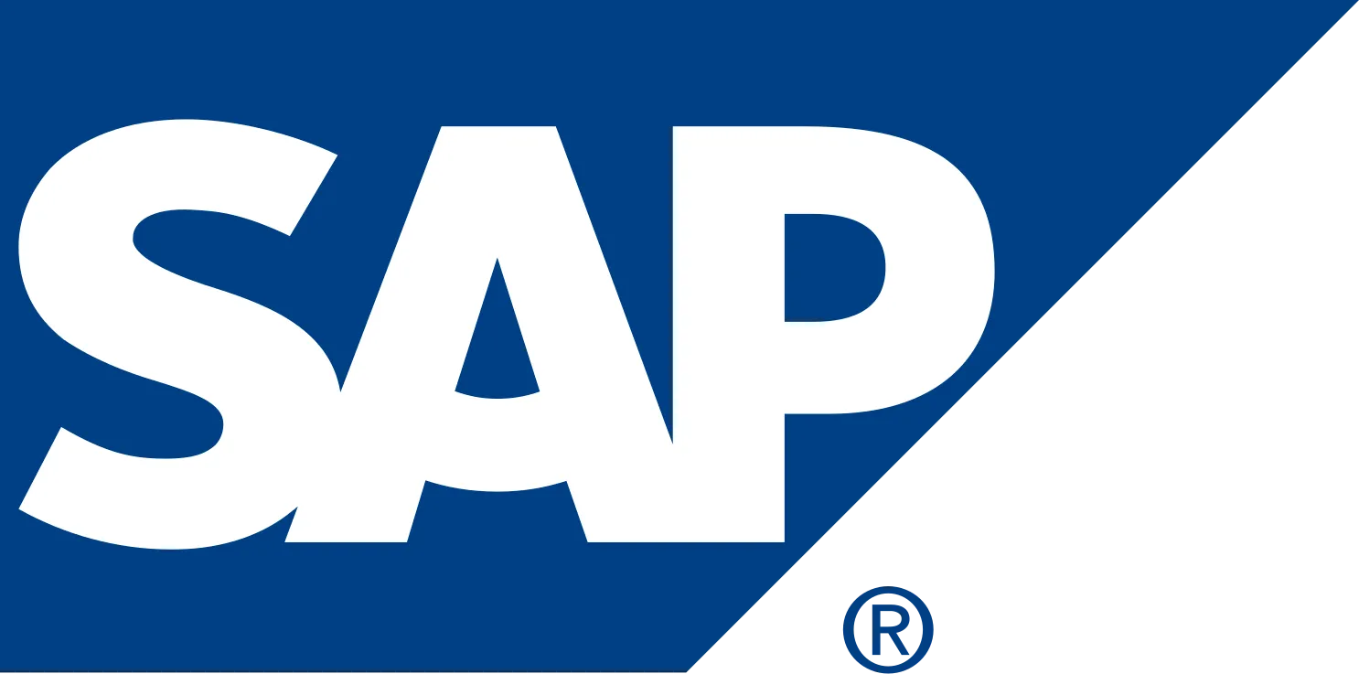SAP-Logo mit großen weißen Buchstaben SAP auf blauem Hintergrund, mit einem diagonalen schwarzen Abschnitt in der unteren rechten Ecke und einem eingetragenen Markensymbol - ideal für jeden Computerkurs, der sich auf Unternehmenssoftwarelösungen konzentriert.