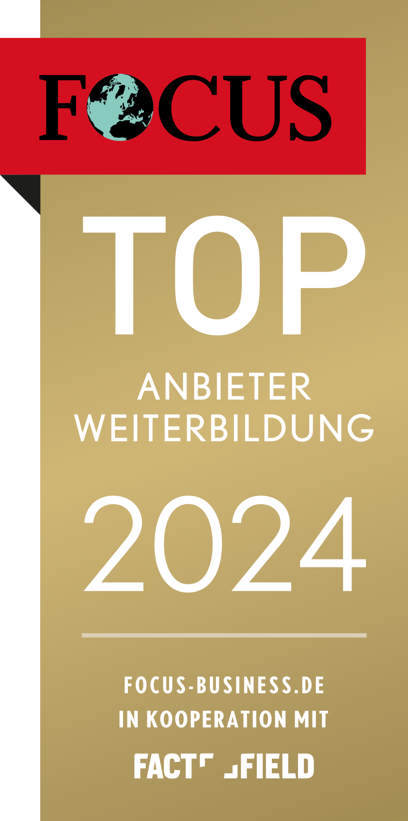 Auszeichnungsplakette mit dem FOCUS Top Anbieter Weiterbildung 2024 für excel für anfänger, mit zusätzlichem Text zur Auszeichnung in Kooperation mit FactField und der Website focus-business.de.