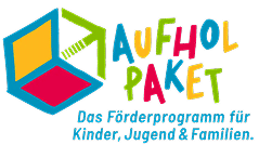 Buntes Logo mit einem geometrischen Würfel und dem Text "AUFHOL PAKET" in verspielter Schrift, darunter "Das Förderprogramm für Kinder, Jugend & Familien - inklusive Nachhilfe".