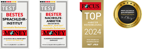 Vier Auszeichnungen für das Lernstudio Barbarossa als Sprachschule, in der Nachhilfe und in Computerkursen, darunter eine Auszeichnung als Top-Anbieter 2024 und eine Qualitätszertifizierung.