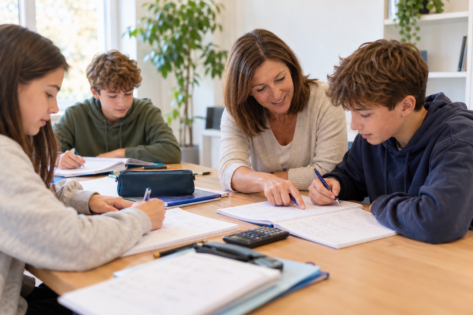 Drei Schüler lernen mit ihrer Lehrerin an einem Tisch im Lernstudio – Nachhilfe in der Kleingruppe