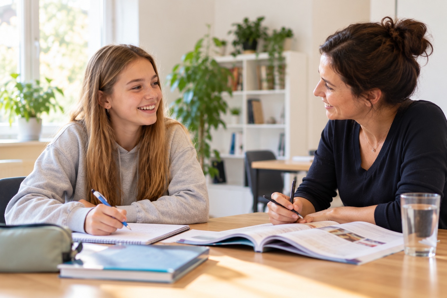 Ein Schüler und ein Erwachsener sitzen an einem Tisch mit aufgeschlagenen Heften und einem Lehrbuch und nehmen an einer Nachhilfestunde teil, während sie schreiben und sich in einem hellen Raum anlächeln.