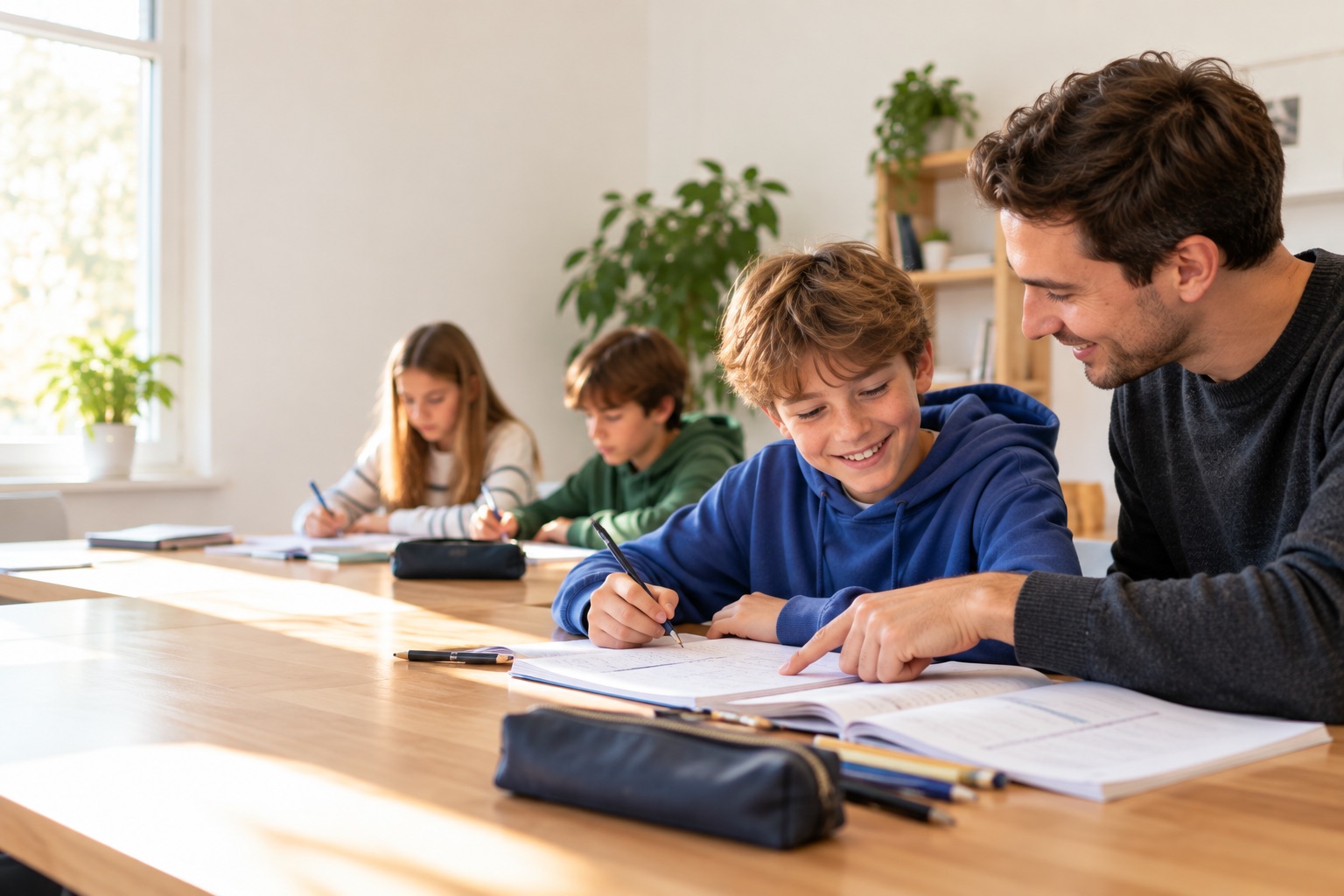 Lehrer erklärt einem Jungen eine Aufgabe, im Hintergrund lernen zwei weitere Kinder – Nachhilfe in der Kleingruppe