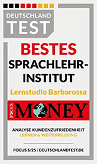 Plakette "Bestes Sprachlehrinstitut", verliehen an das Lernstudio Barbarossa von DEUTSCHLAND TEST und FOCUS MONEY für Kundenzufriedenheit in der Lern- und Weiterbildungsbranche.