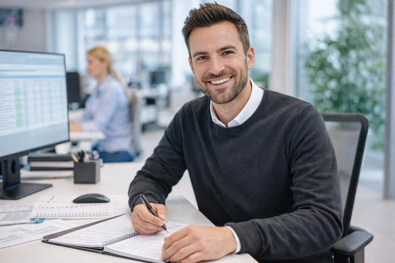 A smiling man sits at a desk in a modern office, writing in a notebook with paperwork and a computer monitor nearby. He is focusing on training for employees to improve his professional skills.
