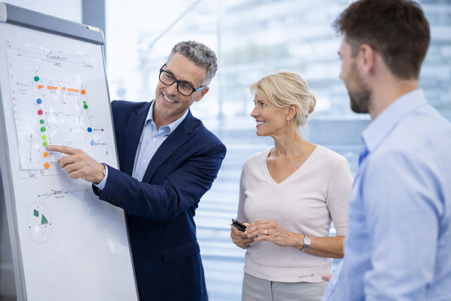 Drei Personen in Geschäftskleidung diskutieren in einem modernen Büro ein Diagramm auf einem Flipboard und heben bunte Datenpunkte hervor, während sie gemeinsam an Weiterbildungsstrategien arbeiten.