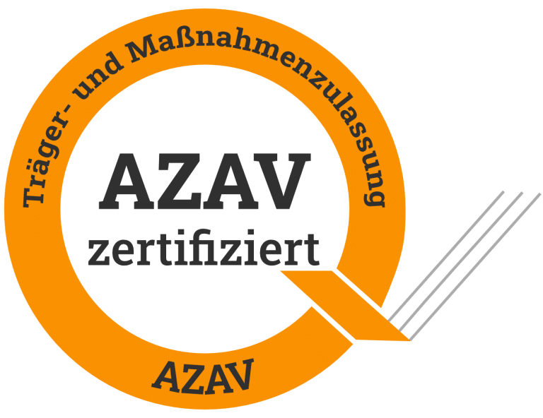 Orange-graues, kreisförmiges AZAV-Zertifizierungslogo mit deutschem Text Träger- und Maßnahmenzulassung, AZAV zertifiziert, zur Hervorhebung der offiziellen Akkreditierung für ein anerkanntes Weiterbildungsprogramm.